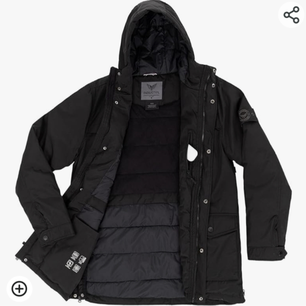 Industry Men's Down Hooded Winter Parka Black Insulated Jacket XL